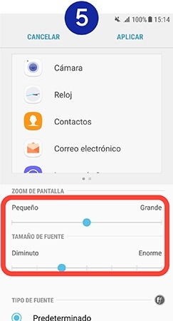 Para aumentar o reducir la pantalla, apretamos a lo largo de la barra bajo “Zoom de pantalla”