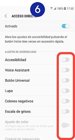 Activamos los interruptores de las funciones de las que deseemos crear un acceso rápido