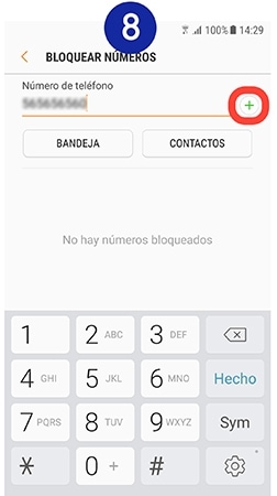 Pulsamos sobre “+” para bloquear el número