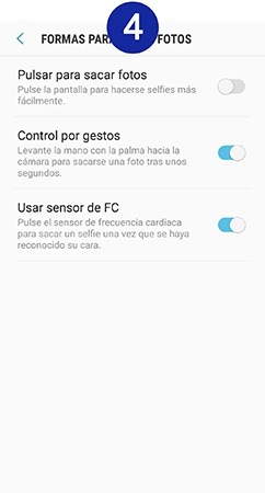 Activamos o desactivamos el interruptor que se encuentra junto a cada función si queremos habilitar o deshabilitar esa forma de sacar fotos