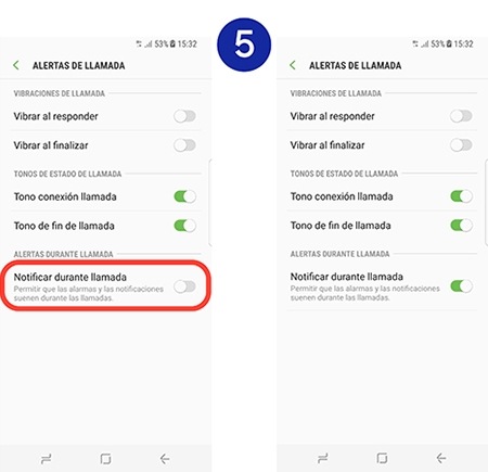 Pinchamos en el interruptor junto a Notificar durante llamada