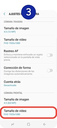 En el apartado Cámara frontal, pulsamos sobre Tamaño de video