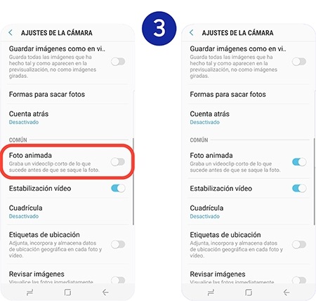 Bajamos el menú hasta la opción Foto animada y pulsamos el interruptor adyacente