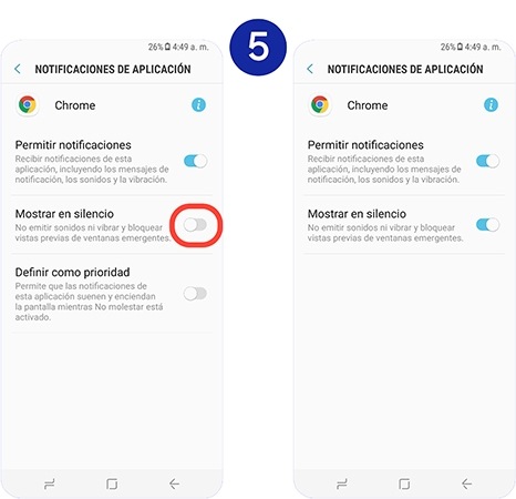 Movemos hacia la derecha el interruptor situado junto a “Mostrar en silencio” para activar la función