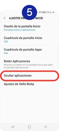 Presionamos en Ocultar aplicaciones