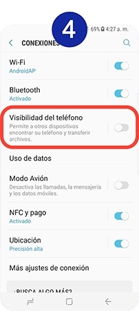 Presionamos sobre Visibilidad del teléfono