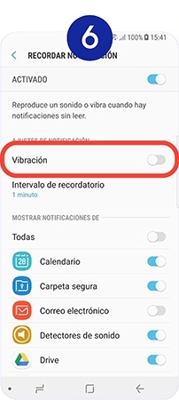 Activamos el interruptor junto a “Vibración” si deseamos que el teléfono vibre para recordarnos las notificaciones