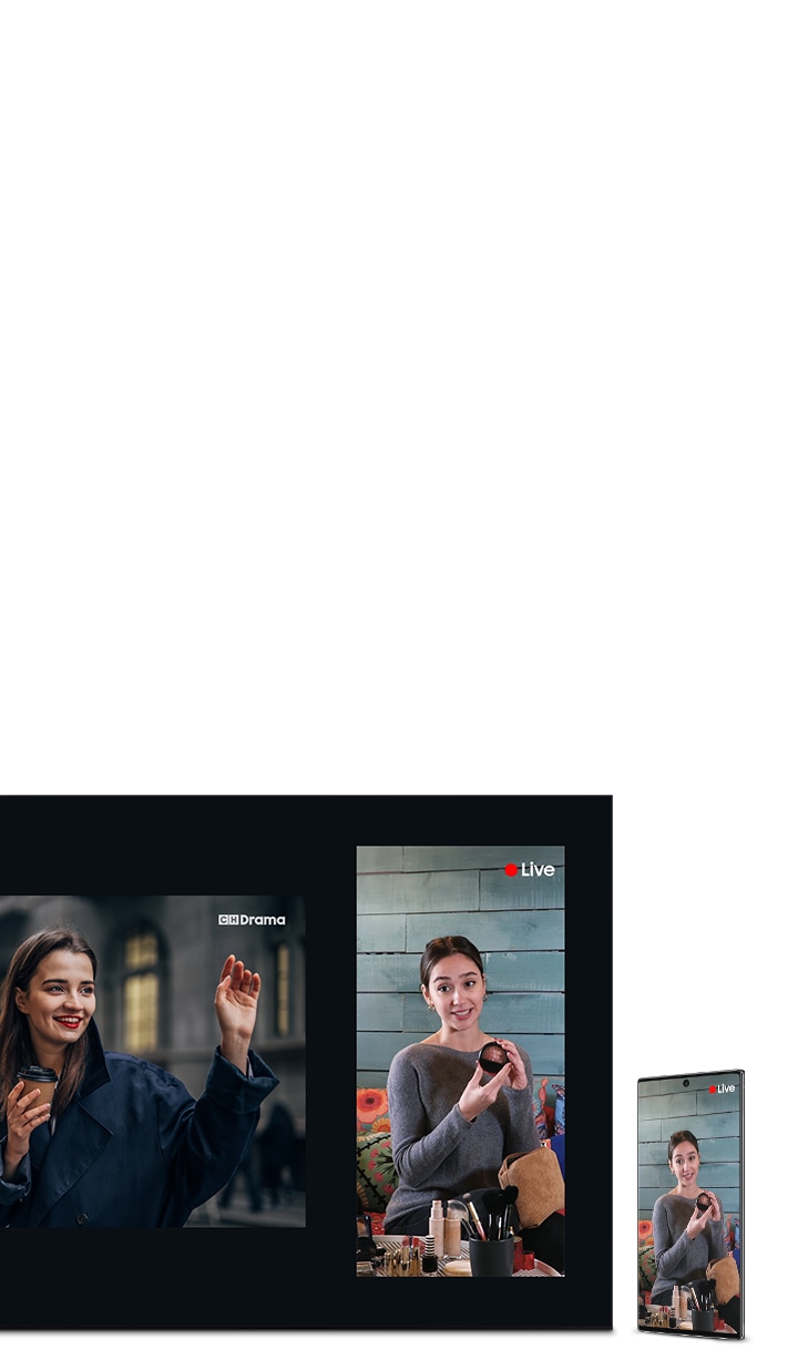 La función de visualización múltiple de QLED muestra dos pantallas, una de ellas es el TV y la otra es la pantalla que refleja tu teléfono.