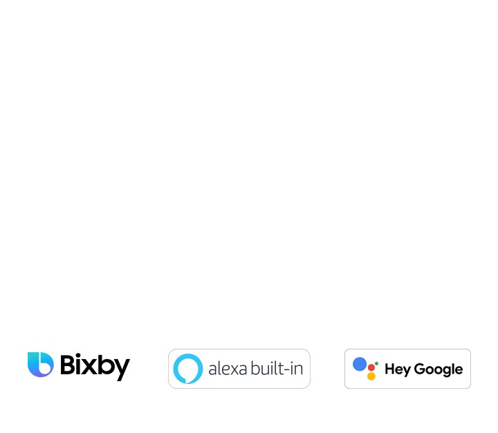 Tres logotipos sobre el asistente de voz de QLED que son Bixby, Alexa incorporada y el asistente de Google.