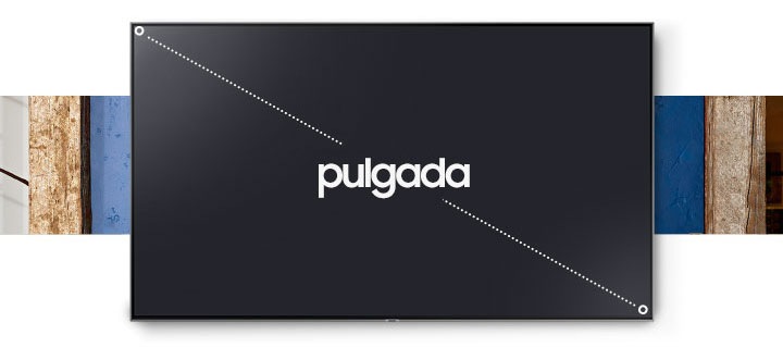 Un televisor, con "pulgadas" escrito en el centro, muestra que el tamaño de la pantalla del televisor se mide como la dimensión diagonal de la pantalla al mostrar líneas punteadas dibujadas en diagonal en el televisor.