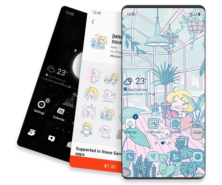 Captures d'écran montrant différents thèmes disponibles dans Galaxy Themes dans le Galaxy Store.