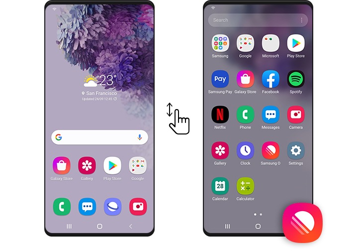 Deux appareils Galaxy montrent comment accéder à Samsung O à partir de l’écran d’accueil Galaxy. Un balayage vers le haut entre les appareils illustre qu’un balayage vers le haut sur l’écran d’accueil permet d’ouvrir la liste des applications. De là, l’utilisateur peut cliquer sur l’icône de l’application Samsung O pour lancer Samsung O.