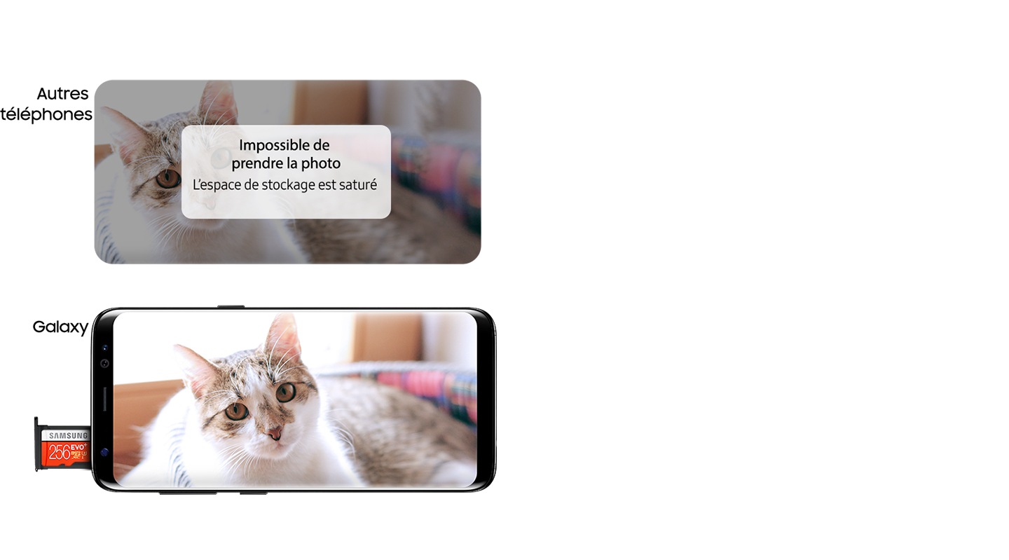 Vue de face d'un Galaxy S9 Noir Carbone prenant une photo d'un chat grâce à son stockage étendu de 256 Go, et une image assombrie d'un chat recouverte d'un message "Impossible de prendre la photo - Espace de stockage insuffisant"