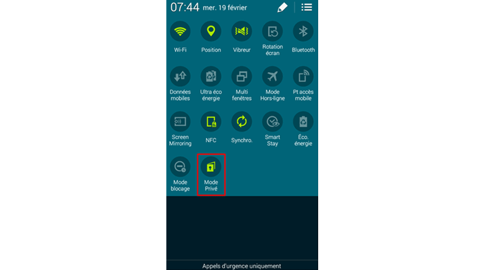Interface d’un Galaxy A pour activer le Mode Privé Interface d’un Galaxy A pour activer le Mode Privé
