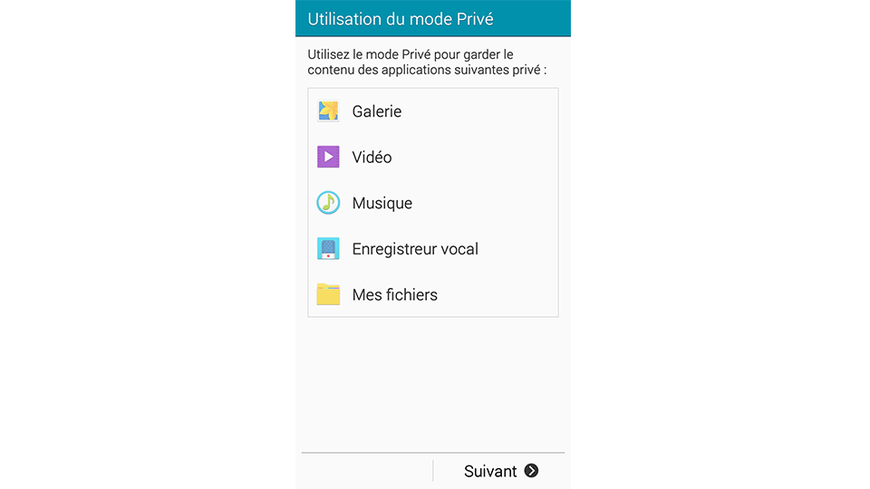 écran du Mode Privé avec la liste des fichiers pouvant être cachés écran du Mode Privé avec la liste des fichiers pouvant être cachés