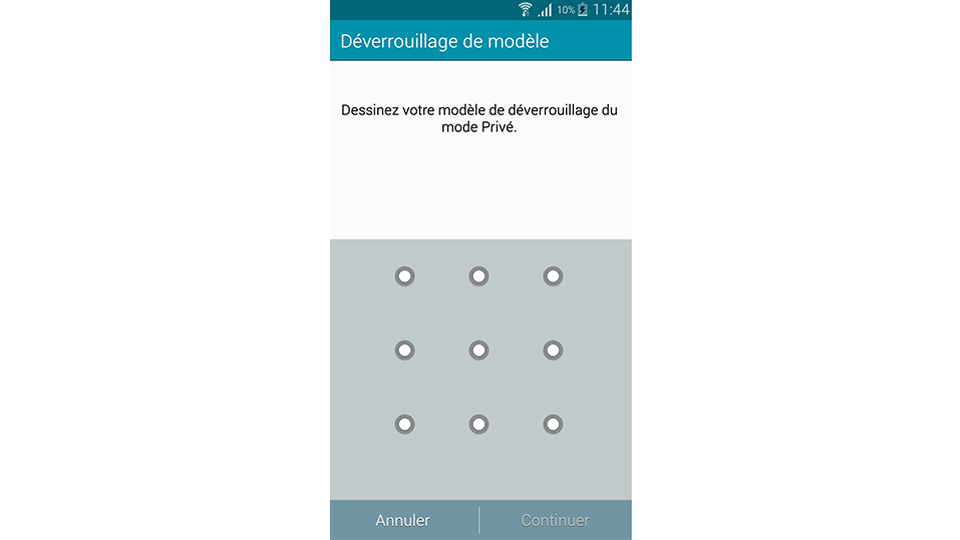 écran pour déterminer le modèle de déverrouillage du Mode privé écran pour déterminer le modèle de déverrouillage du Mode privé
