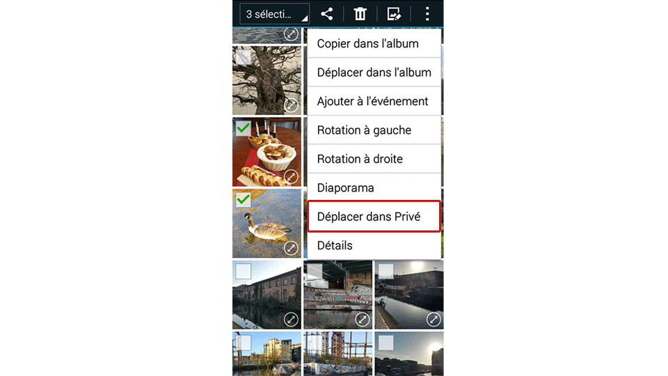Galaxy A : écran pour déterminer les fichiers à mettre en mode Privé en appuyant sur le bouton ‘Déplacer dans Privé’ Galaxy A : écran pour déterminer les fichiers à mettre en mode Privé en appuyant sur le bouton ‘Déplacer dans Privé’