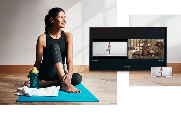 Samsung The Frame en mode multi-view, permettant à une femme de regarder simultanément une émission de télévision et une vidéo de yoga.