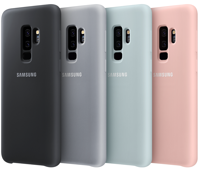 Four Galaxy S9+ phones standing in each color of the Silicone cover: black, gray, blue, pink