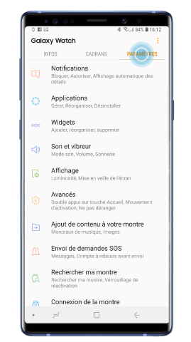 Appuyez sur paramètres dans l’application Galaxy Wearable