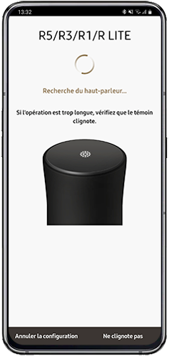 Patientez le temps que l’application demande la saisie du mot de passe du réseau Wi-Fi. Si cette opération tarde, vérifiez que le témoin clignote