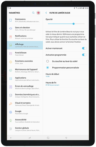 Options du Filtre de lumière bleue