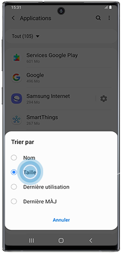 Sélectionner Trier par puis Taille pour vérifier l’espace de stockage