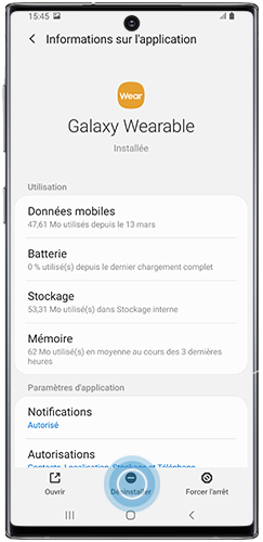 Appuyer sur Désinstaller afin de pouvoir réinstaller une application défectueuse
