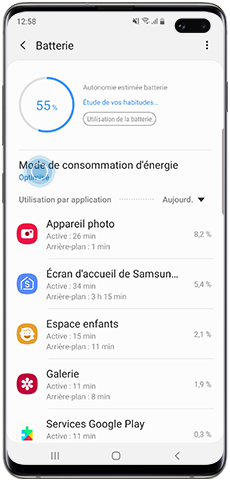 Modes de consommation d’énergie sur S10, Android 9.0