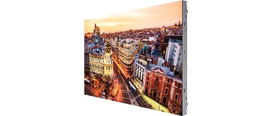 A photo of the IW008R model's screen from a slight angle. A busy city at sunset is used as the background.