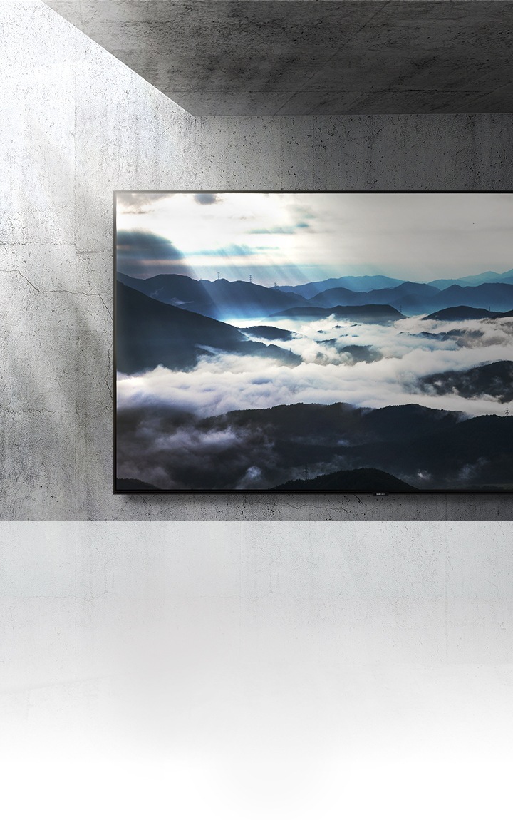 Un téléviseur grande taille accroché sur un mur de béton affiche une scène de nature en résolution 4K tandis que la lumière du soleil brille sur la gauche.