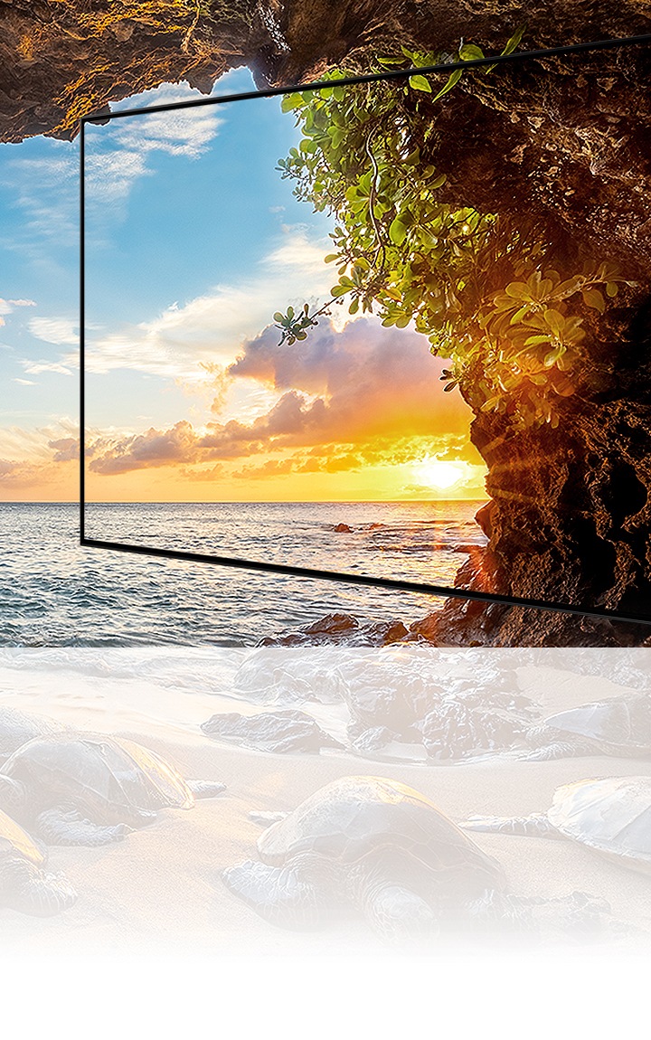 Un téléviseur HDR affiche chaque détail sur l'écran du téléviseur avec des images HDR en affichant une scène de l'océan avec le soleil se levant à l'horizon, simulant l'ouverture de grotte.
