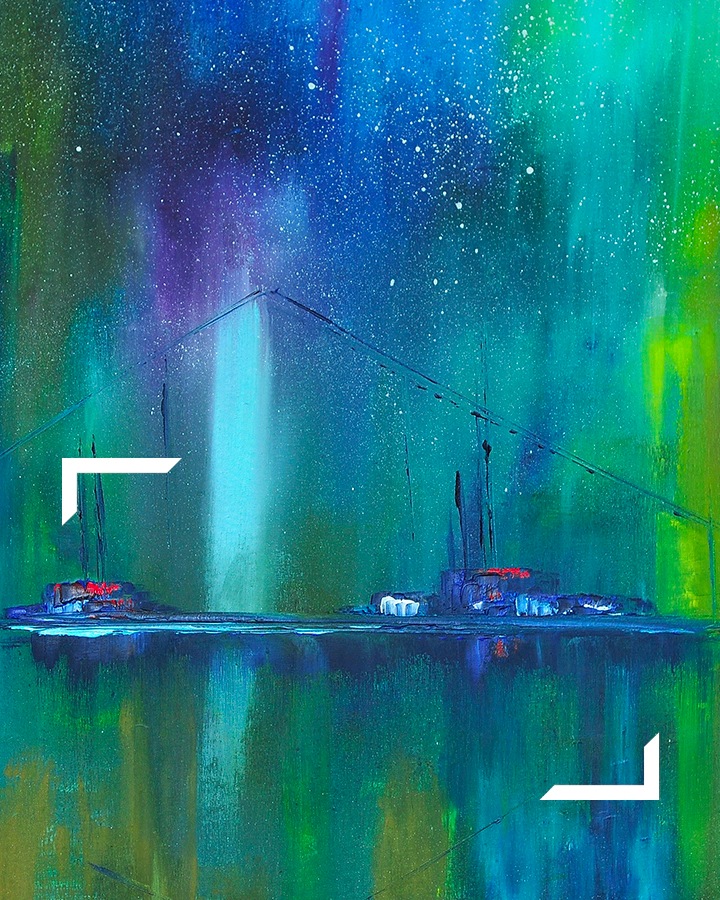 Ce gros plan de l’affichage montre une peinture à l’huile abstraite utilisant des couleurs verte et bleue.