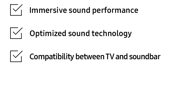 Chacune de 3 cases à cocher est associée à un texte correspondant à 3 catégories de son TV. La première case à cocher est associée au texte « Performances sonores immersives ». La deuxième case à cocher est associée au texte « Technologie sonore optimisée » et la troisième case est associée au texte « Compatibilité entre téléviseur et barre de son ».