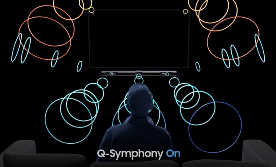 Un comparatif simulé de la technologie audio Q-Symphony des téléviseurs QLED 2020 montre deux salons identiques présentés côte à côte, chacun avec un homme assis face à un téléviseur QLED et une barre de son. Sur la gauche, la fonction Q-Symphony est désactivée et le son provient uniquement de la barre de son. Sur la droite, la fonction Q-Symphony est activée et, en plus de la barre de son, le son est diffusé également par les deux coins supérieurs du téléviseur QLED, offrant une expérience audio plus immersive. Un homme est assis devant un téléviseur QLED 2020 avec un système Q-Symphony allumé. Le son du téléviseur est illustré par des graphiques d’ondes sonores orange et le son de la barre de son est illustré par des graphiques d’ondes sonores verts. L’homme peut entendre le son des haut-parleurs supérieurs du téléviseur et de la barre de son parce que Q-Symphony est allumé.