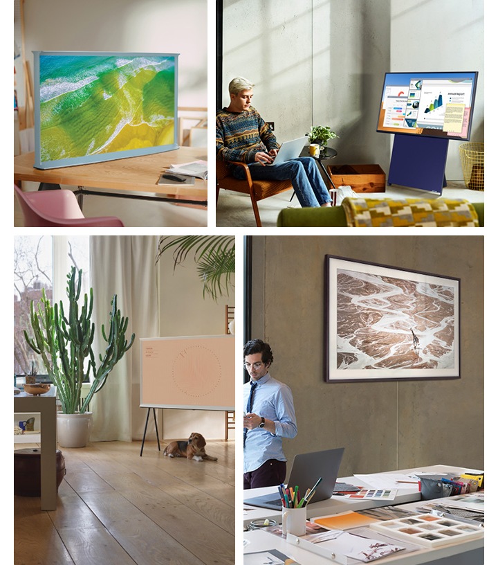 Collage soigneusement agencé de 4 cadres de vie représentant les téléviseurs The Serif, The Sero et The Frame se fondant naturellement dans des environnements de travail.