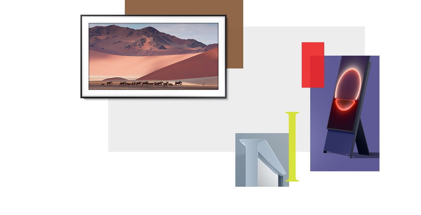 Afin d’illustrer le design des téléviseurs Samsung, les téléviseurs QLED, The Frame, The Serif et The Sero sont représentés ensemble de gauche à droite dans une image simulée d’un intérieur de galerie d’art blanc et vide. Le téléviseur QLED est accroché au mur à côté des téléviseurs The Frame et The Serif et le téléviseur The Sero est posé sur le sol. Le téléviseur QLED affiche à l’écran une image d’une scène de désert en plein jour. The Frame affiche une image de montagnes et The Serif et The Sero affichent tous deux un motif de couleurs artistique.
