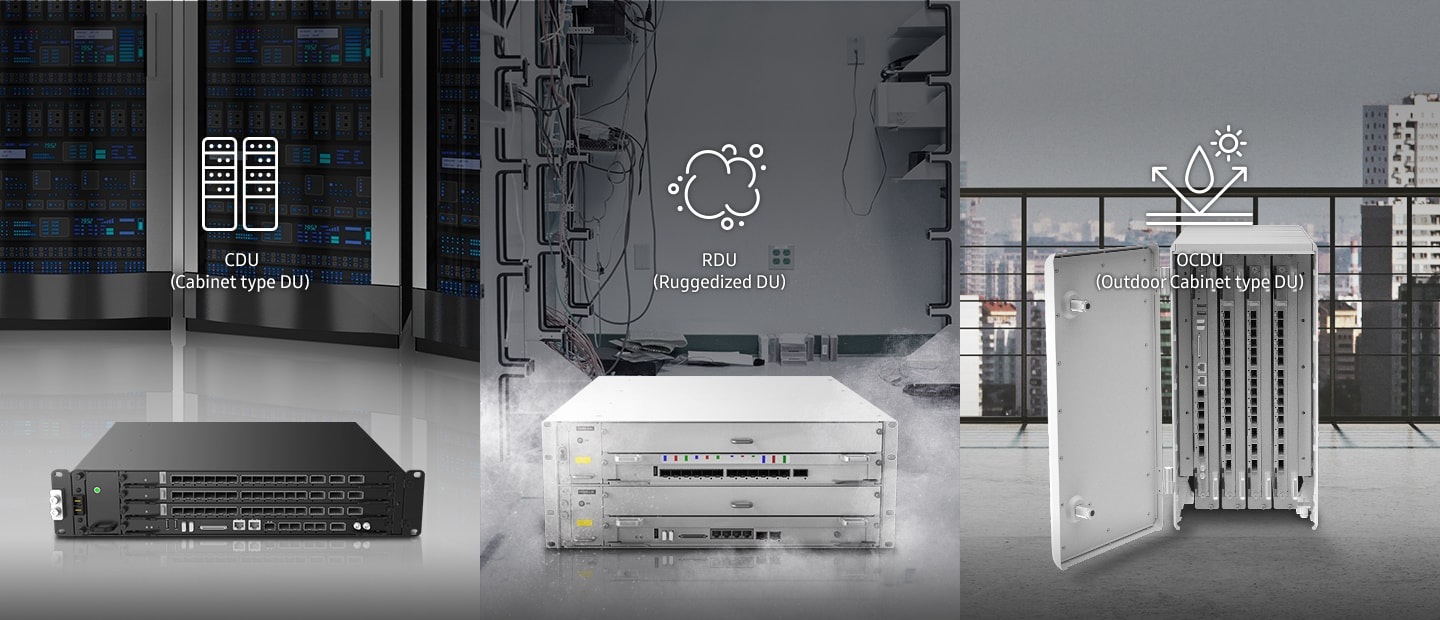 An illustrative image of 3 Digital Unit for different installation conditions. Cabinet type DU for data centers, Ruggedized DU for dusty conditions and Outdoor Cabinet type DU for outdoor environment.