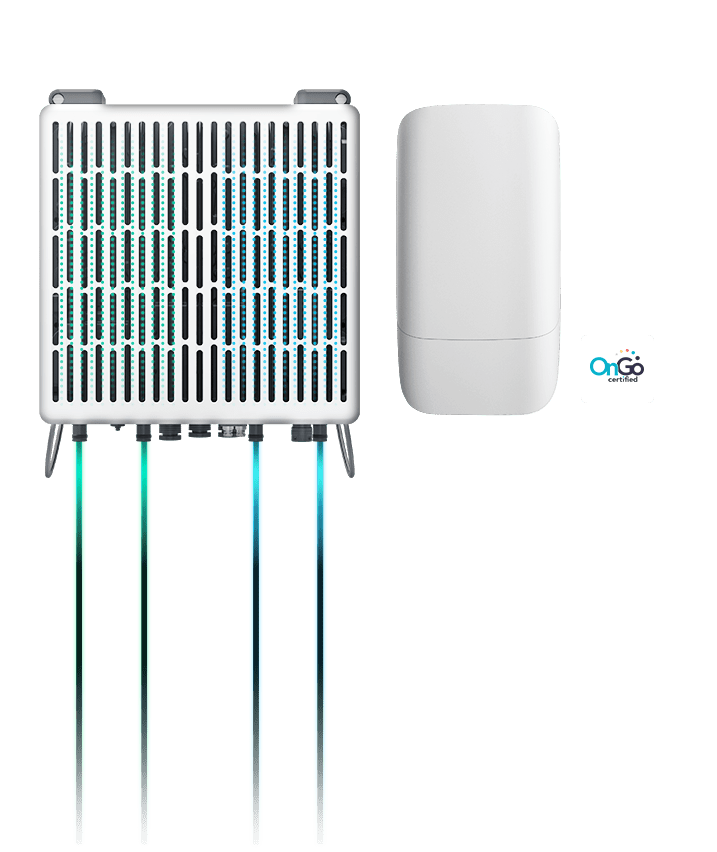 An illustrative image of the 8T8R Radio Unit against a landscape of the modern city to illustrate its flexible operation that supports 8T8R cell, or two 4T4R cells.