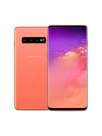 Pjesa e pasme e një telefoni Galaxy S10 rozë të flamingos, me pjesën e përparme të një telefoni Galaxy S10 rozë të flamingos që vendoset pak sipër tij