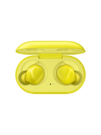 Një pamje e produktit e një palë Galaxy Buds të verdha në kasën e tyre