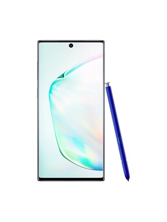 Μπροστινή εικόνα ενός Galaxy Note10 σε χρώμα aura glow με ένα μπλε S Pen να ακουμπάει στη δεξιά του πλευρά