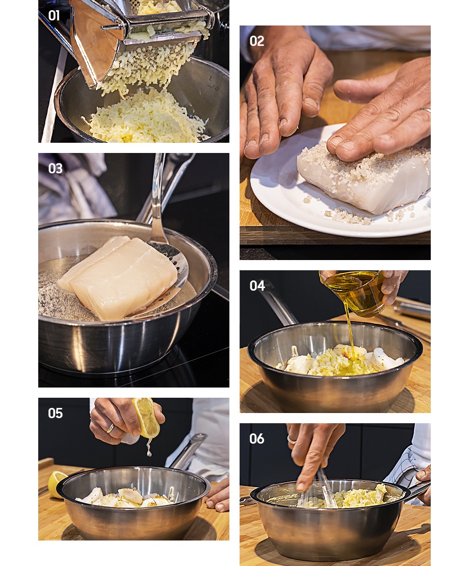 The steps to create the brandade with the cod.