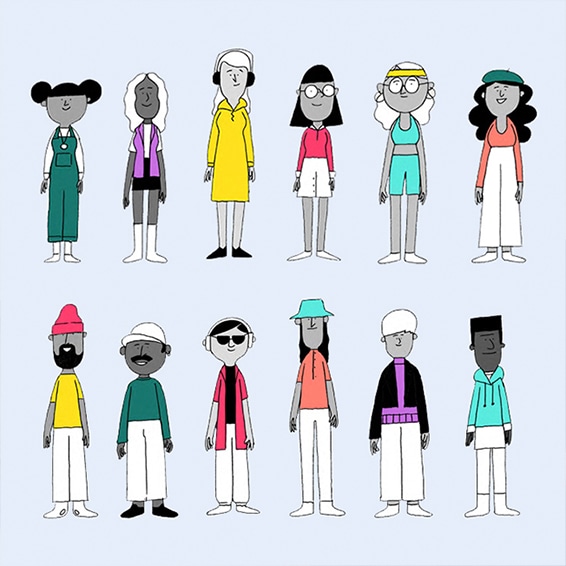 Illustration of Gen Z characters standing in a line wearing colorful clothing and accessories.