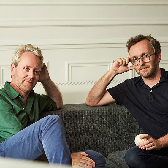 French furniture designers, the Bouroullec brothers Ronan and Erwan watch 2019 The Serif in a modern style living room.