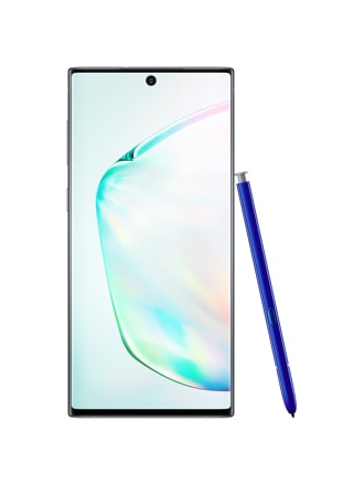 Grafika przedstawiająca telefon Galaxy Note10 z rysikiem S Pen opartym o jego prawy bok