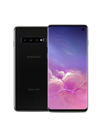 Achterkant van een prism zwarte Galaxy S10+ telefoon, met aangrenzend een naar voren gerichte zwarte Galaxy S10+ telefoon.