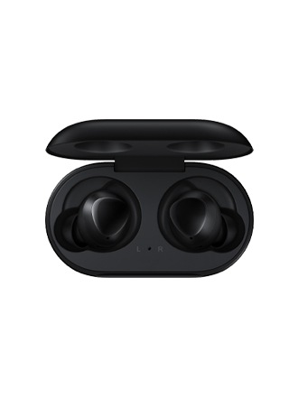 Zwarte set Galaxy Buds in een open, zwarte opladerhoes.