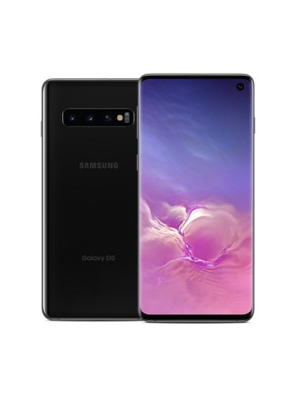Vooraanzicht van een prisma zwarte Samsung Galaxy S10 met een achteraanzicht van de telefoon daarachter