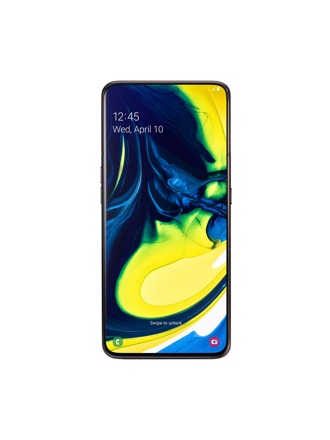 Vooraanzicht van een zwarte Samsung Galaxy A80-smartphone met een geel en blauw wervelend patroon op het startscherm